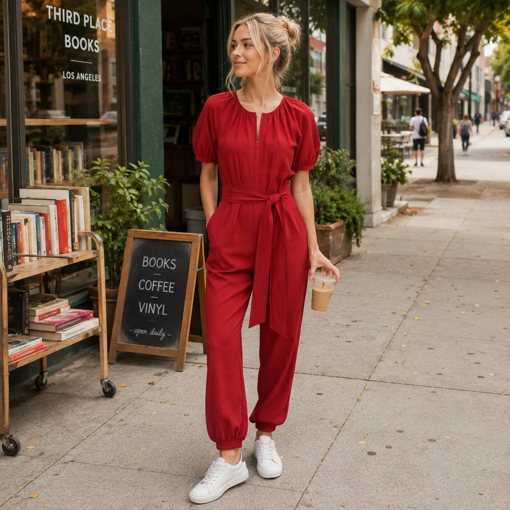 Rebecca Taylor Red Puff Sleeve Belted Jogger Jumpsuit Womensโ 6